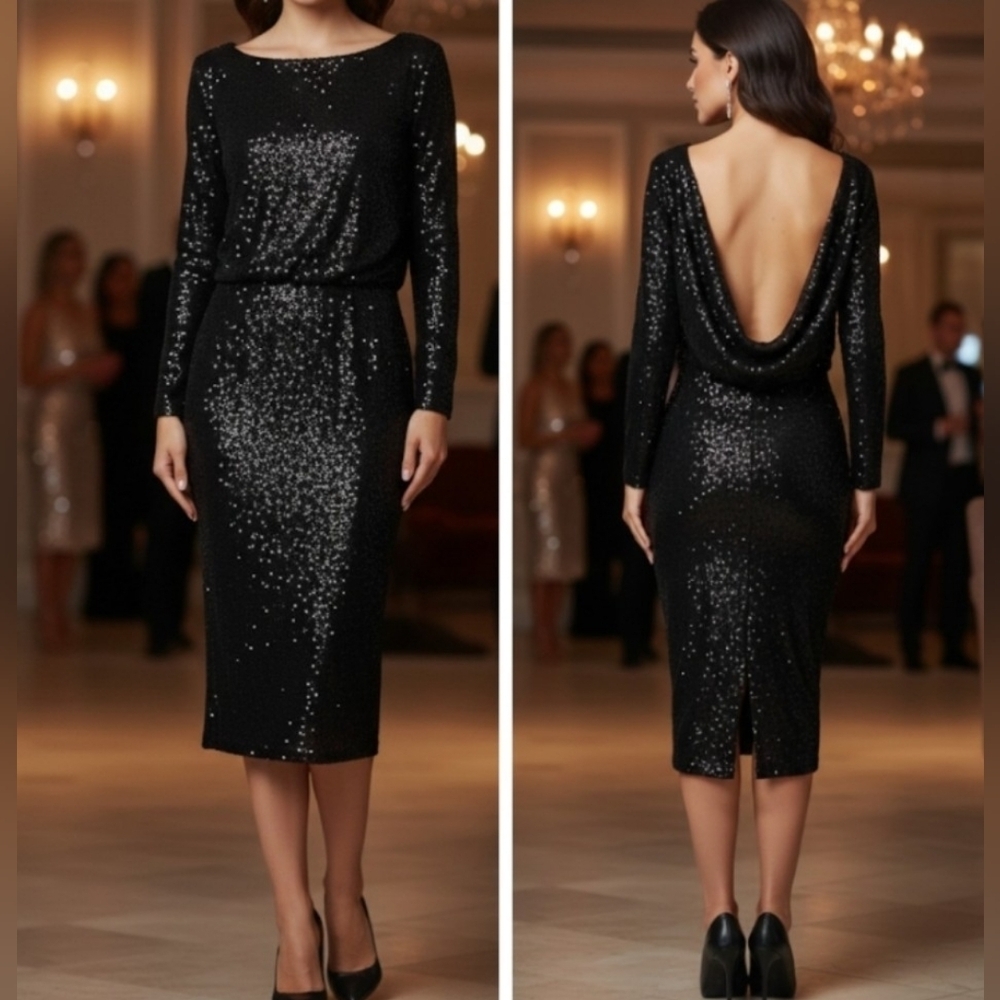 ASOS Black Sequin Off Shoulder Bardot Long Sleeve Bodycon Cocktail Dress Size 2